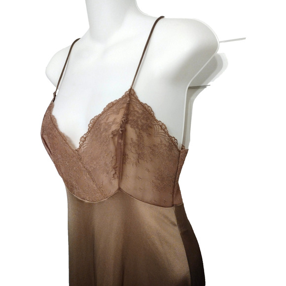 Vanity Fair Lace Nylon Full Slip Dress Brown Calf Ankle Length Stretch Sz 32 S - Picture 3 of 9